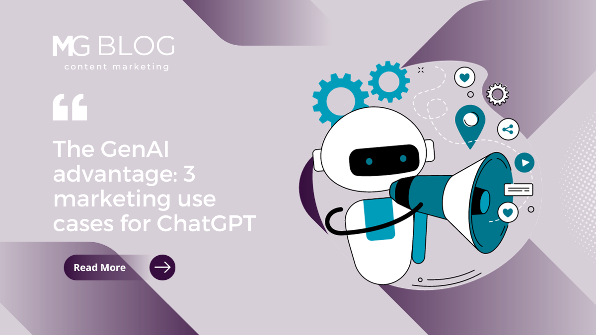 Blog title image showing a robot holding a megaphone, surrounded by icons. Text reads, "The GenAI advantage: 3 marketing use cases for ChatGPT"