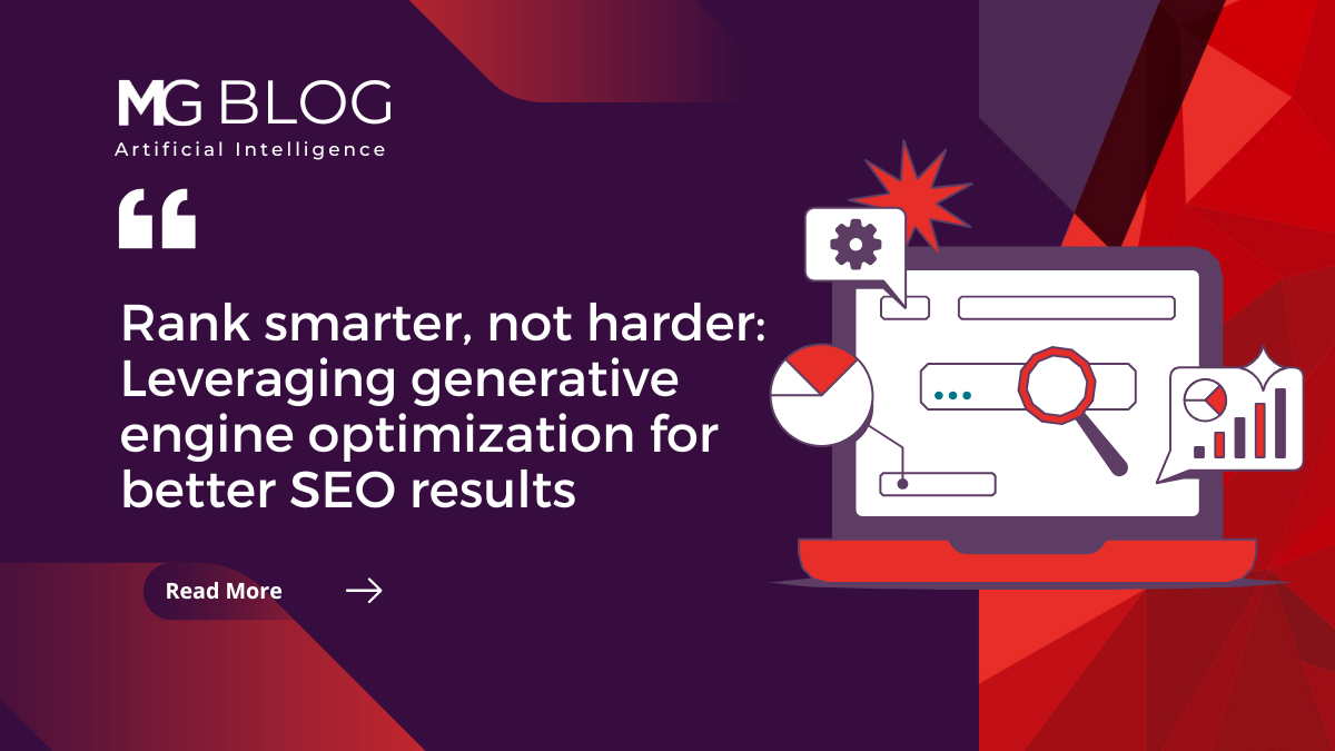 Illustration of a laptop displaying SEO and analytics elements like graphs, charts, and search bars, representing generative AI search engine optimization strategies.