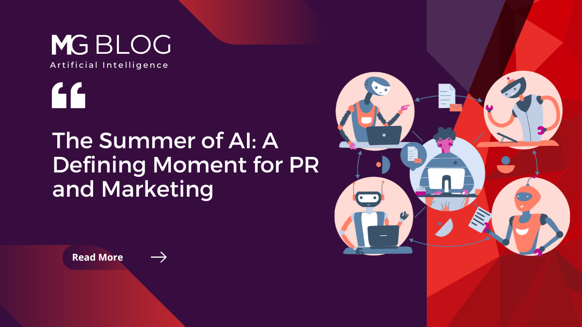 Feature image for a blog about PR and marketing for AI companies. Image shows a marketer surrounded by four helpful AI bots.