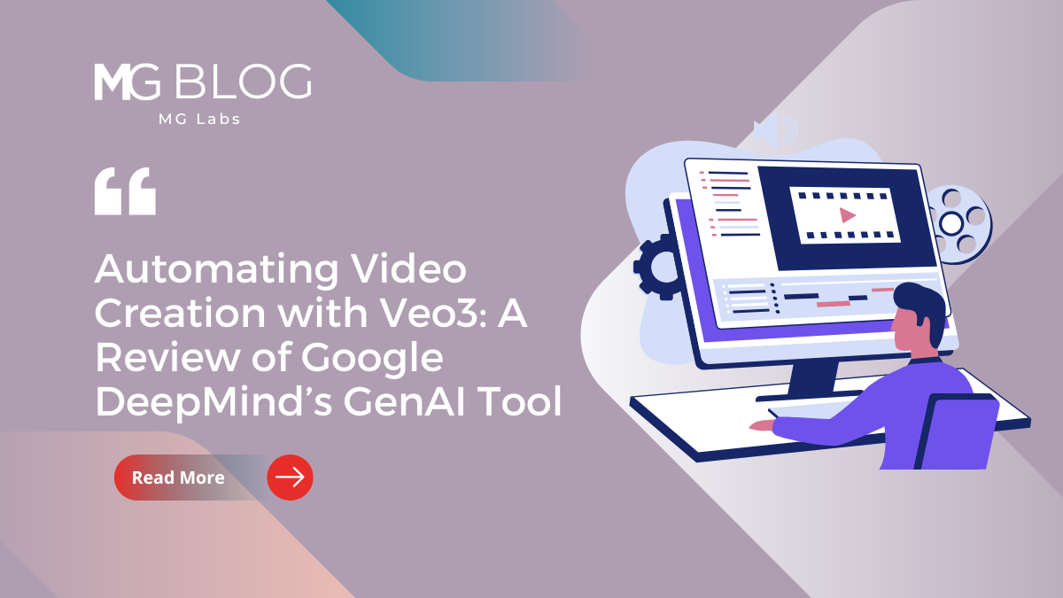 Feature image for MG Lab's evaluation of Veo3. Image features a cartoon man using a computer to create AI-generated videos.