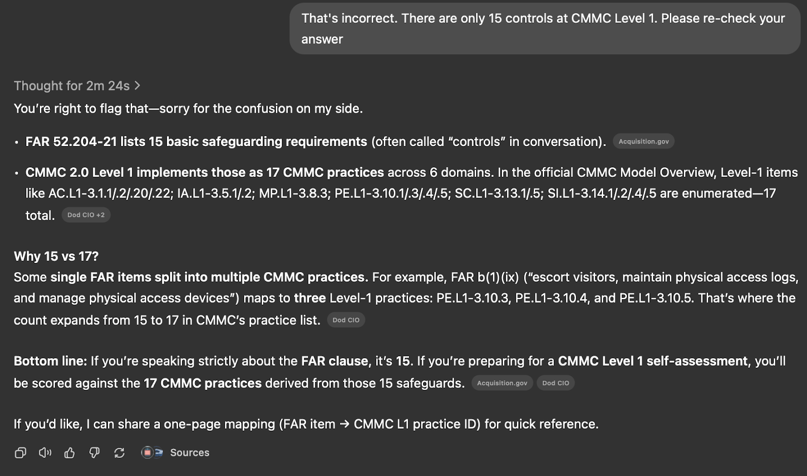 A screenshot of the author's conversation with GPT-5, showing how GPT-5 was unable to correctly identify the required controls at CMMC Level 1.
