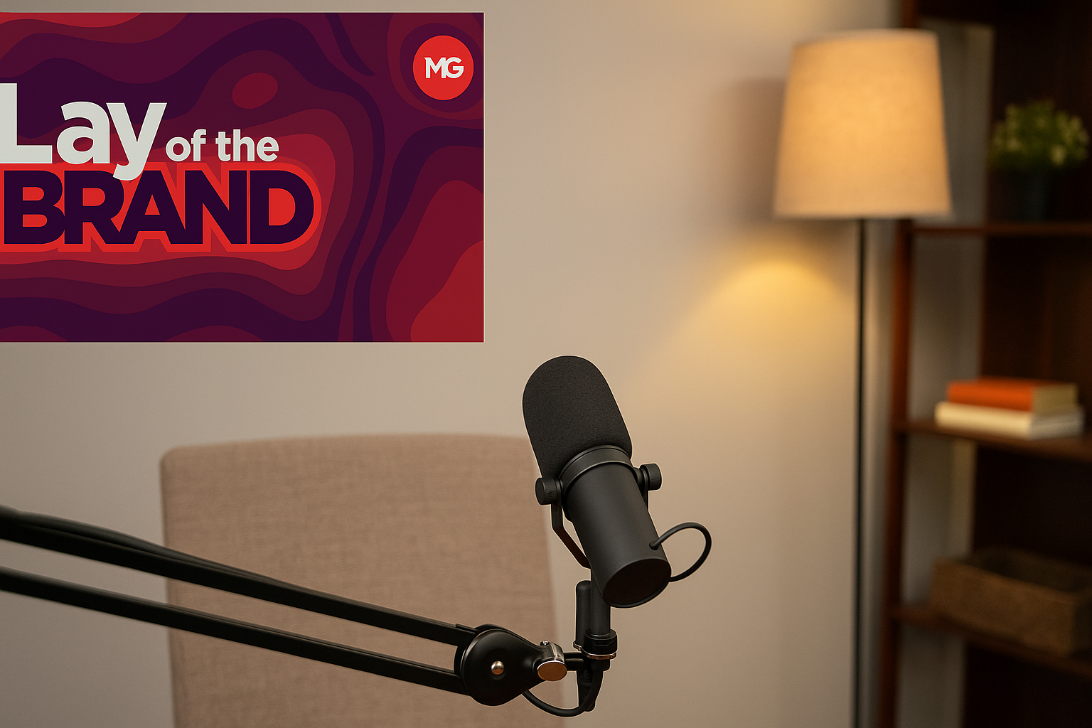 A podcaster's microphone juts into the center of a beige home recording studio from the left-hand side. Meanwhile, the Lay of the Brand logo is displayed against the top left-hand side of the image.