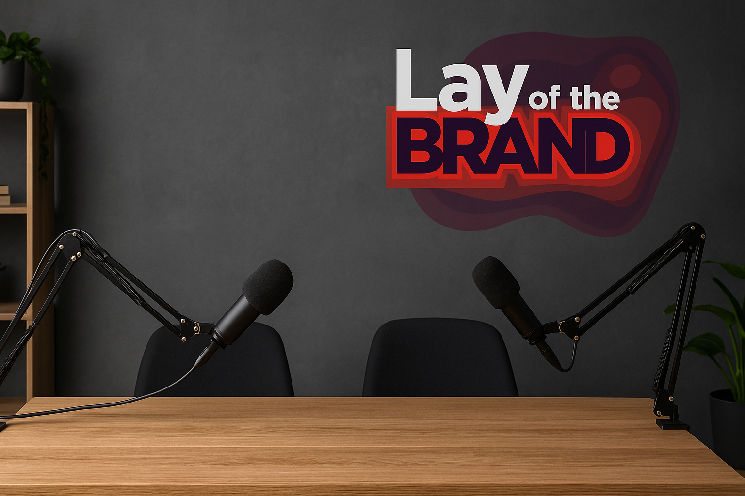 Two podcaster chairs and microphones sit in a dark gray room, pushed up against a wooden deck. The Lay of the Brand logo is in the top righthand corner.