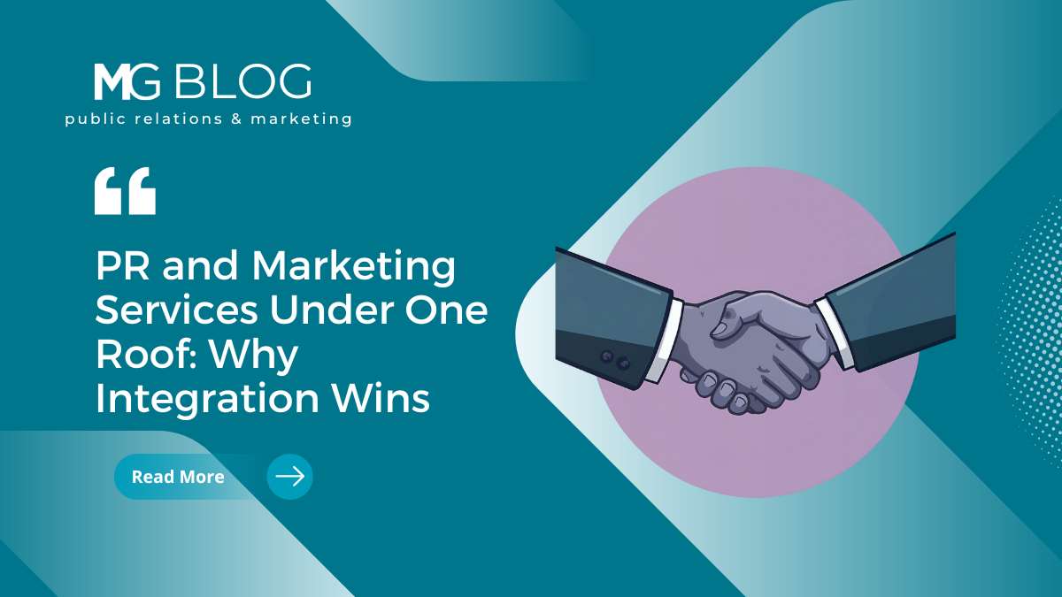 Graphic showing two business professionals shaking hands, symbolizing integrated PR and marketing services from a B2B marketing agency.